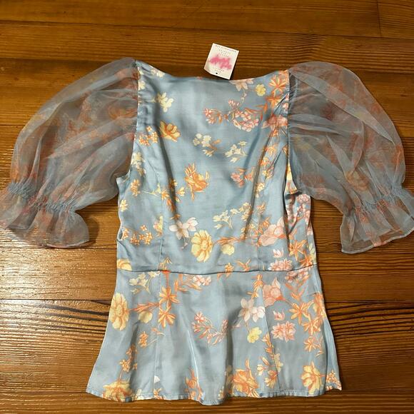 NWT French Connection pastel blue Diana Drape puff sheer sleeve top SIZE 4 - Picture 6 of 6